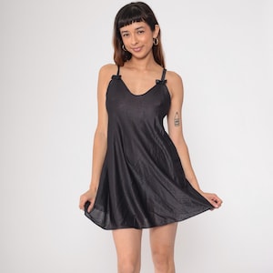 90s Black Slip Dress Lingerie Mini Dress Bow Nightgown Spaghetti Strap A-Line Nightie Sexy Going Out Vintage 1990s Small