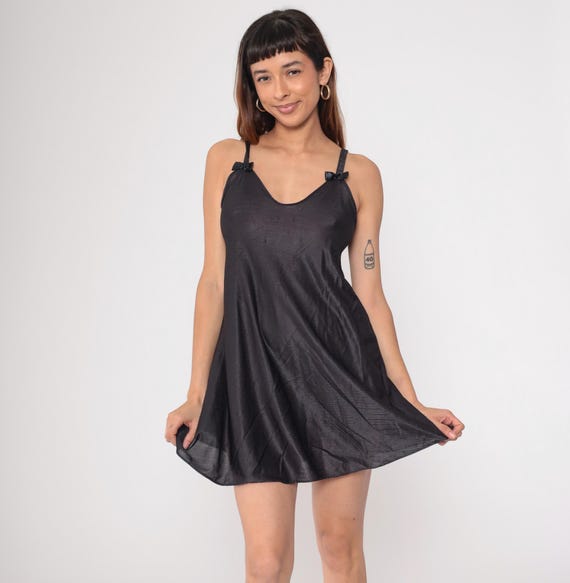 90s Black Slip Dress Lingerie Mini Dress Bow Nightgown Spaghetti Strap A-Line Nightie Sexy Going Out Vintage 1990s Small