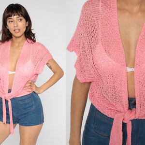 70s Cardigan Top Pink Sheer Open Knit Shirt Boho Tie Front Short Sleeve Sweater Bohemian Retro 1970s Vintage V Neck Small Medium image 1