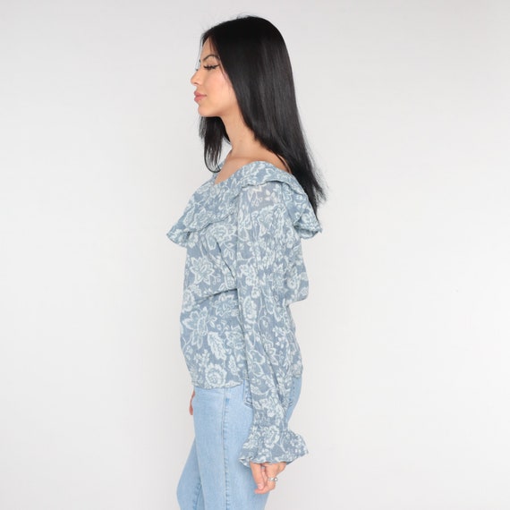 Floral Ruffle Blouse 90s Blue Poet Sleeve Shirt B… - image 6