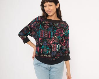 Abstract Top 90s Teal Pink Pullover Blouse Boat Neck Three Quarter Sleeve Boxy Relaxed Fit Eclectic Eccentric Funky Pattern Shirt Medium M
