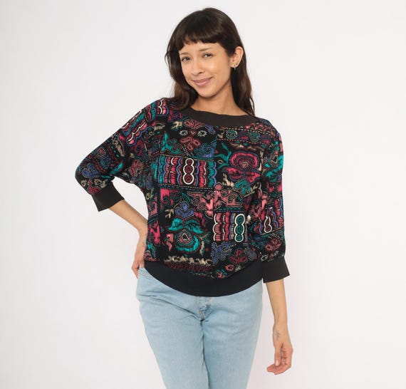 Abstract Top 90s Teal Pink Pullover Blouse Boat Neck Three Quarter Sleeve Boxy Relaxed Fit Eclectic Eccentric Funky Pattern Shirt Medium M