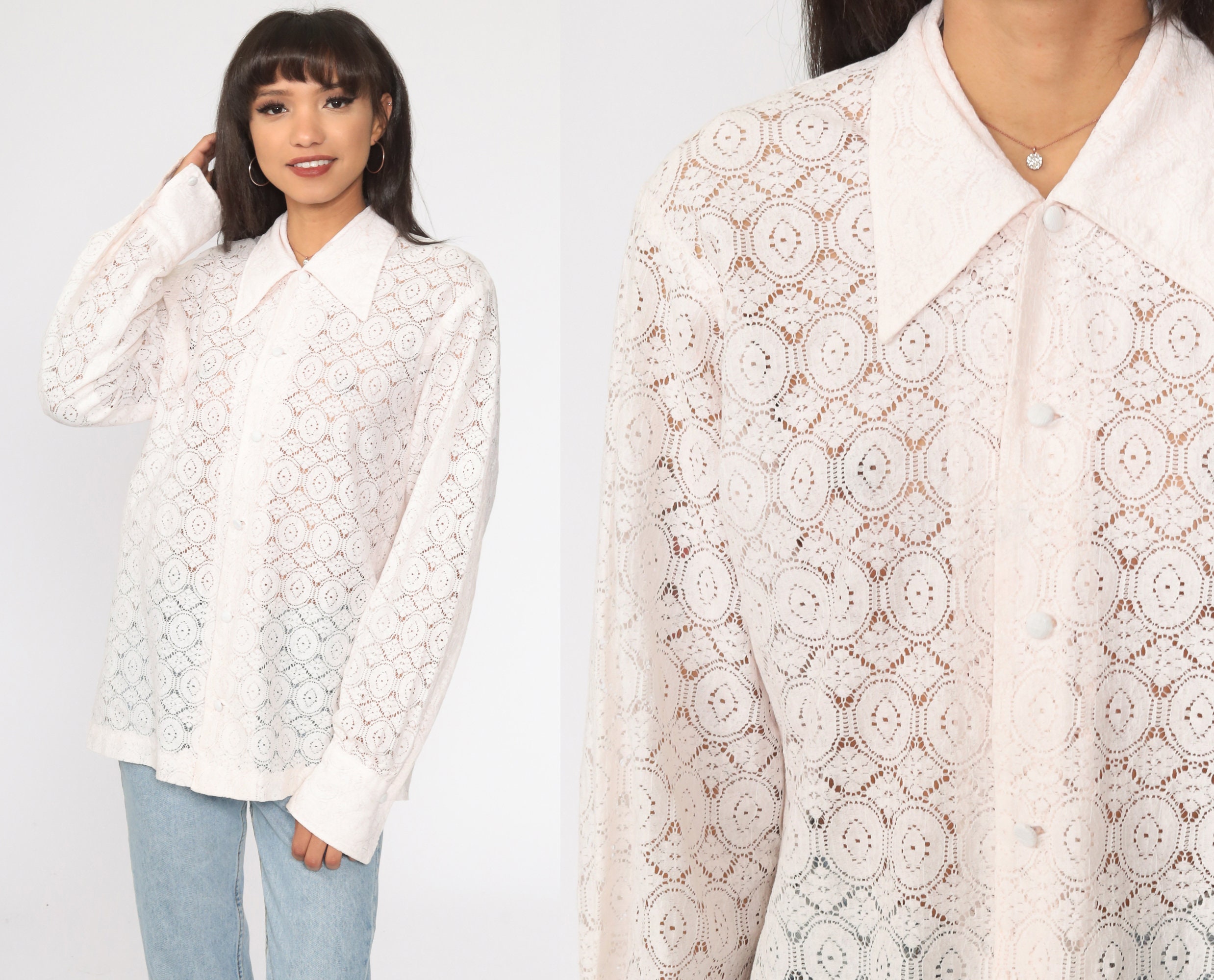 White Lace Blouse SHEER Lace Shirt 70s 