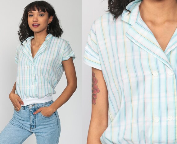 Pastel RAINBOW Blouse 80s Button Up Shirt Striped