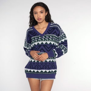 Purple Geometric Sweater -- 80s Sweater Knit Jumper Print V Neck Sweater 1980s Statement Vintage Pullover Retro Medium