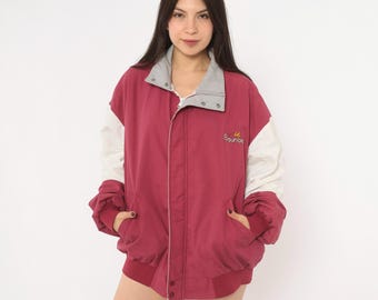 80s Burgundy Bomber Jacket Color Block White Sleeves Cotton Zip Front Snap Collar Sporty Windbreaker Dunbrooke Unisex Vintage Extra Large XL