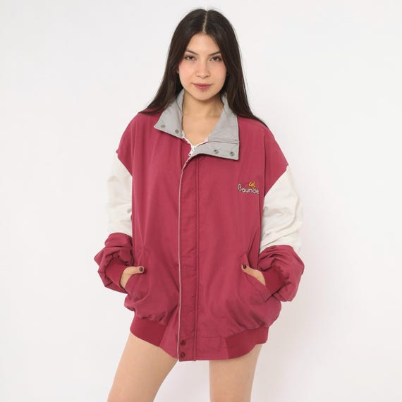 80s Burgundy Bomber Jacket Color Block White Sleeves Cotton Zip Front Snap Collar Sporty Windbreaker Dunbrooke Unisex Vintage Extra Large XL