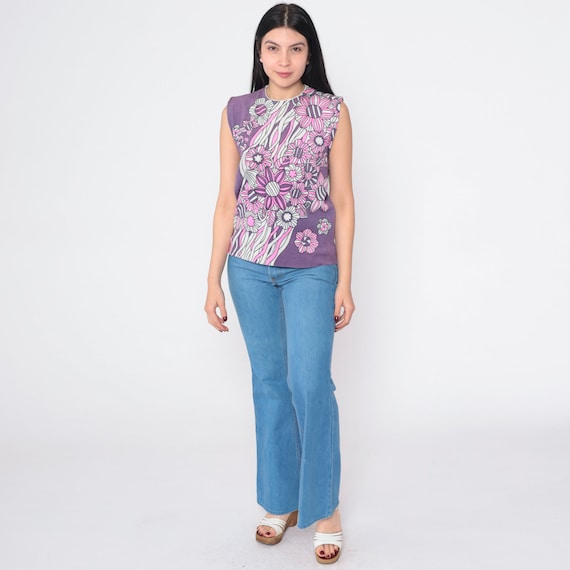 Purple Floral Tank Top 70s Mod Blouse Groovy Flower Print Sleeveless Shirt Boho Hippie Summer Seventies Pink White Vintage 1970s Medium M