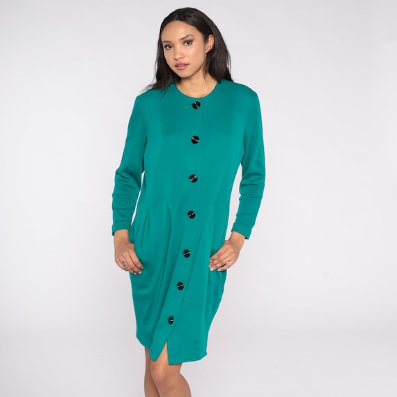 Teal Mini Dress 80s Sheath Button Up Dress Hourglass Wiggle Pencil Dress Vintage 1980s Short Sleeve Sheath Dress Large L