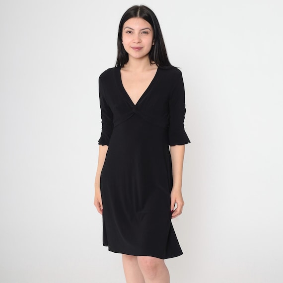 Vintage Black Dress Y2K V Neck Empire Waist Knot Ruffle Sleeve Mini 00s Minimalist Evening Cocktail Party 2000s Stretchy Petite Medium M