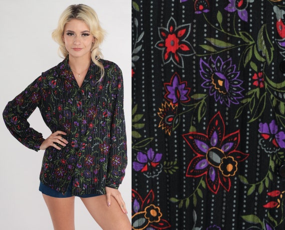 Black Floral Blouse 70s Button up Shirt Striped Flower Dot Print Top Long Sleeve Collared Disco Shirt Retro Seventies Vintage 1970s Small S