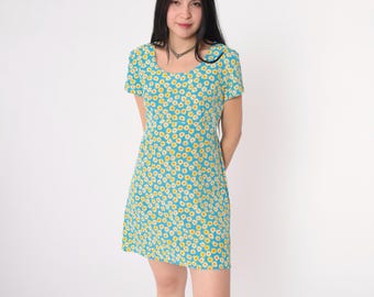 Vintage Empire Waist Floral Dress 90s Mini Babydoll Dress Grunge Summer Blue Yellow Scoop Neck Bohemian 1990s Boho Short Sleeve Small