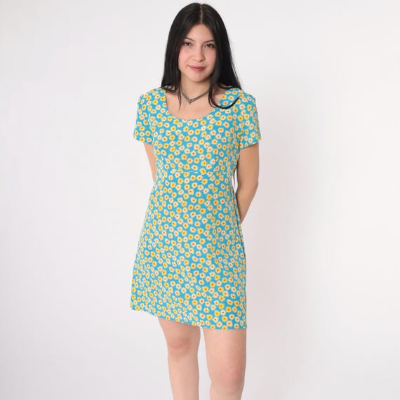 Vintage Empire Waist Floral Dress 90s Mini Babydoll Dress Grunge Summer Blue Yellow Scoop Neck Bohemian 1990s Boho Short Sleeve Small
