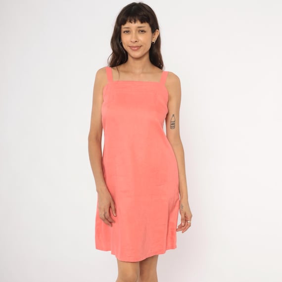Coral Linen Sundress Square Neck Strap Salmon Pink Summer Cotton Beach Vacation Sleeveless Pintuck Bodice Minimal 90s Peach Dress Small S