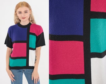 Color Block Top 80s Knit Shirt Short Sleeve Sweater Top Mondrian Square Print Blouse Black Pink Purple Green White Vintage 1980s Medium M