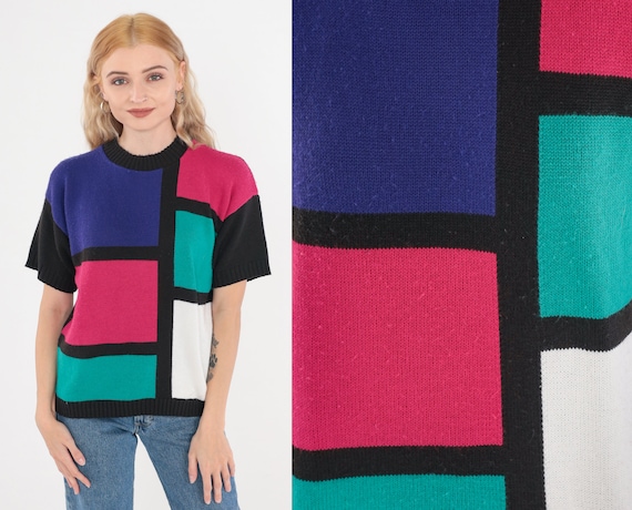 Color Block Top 80s Knit Shirt Short Sleeve Sweater Top Mondrian Square Print Blouse Black Pink Purple Green White Vintage 1980s Medium M