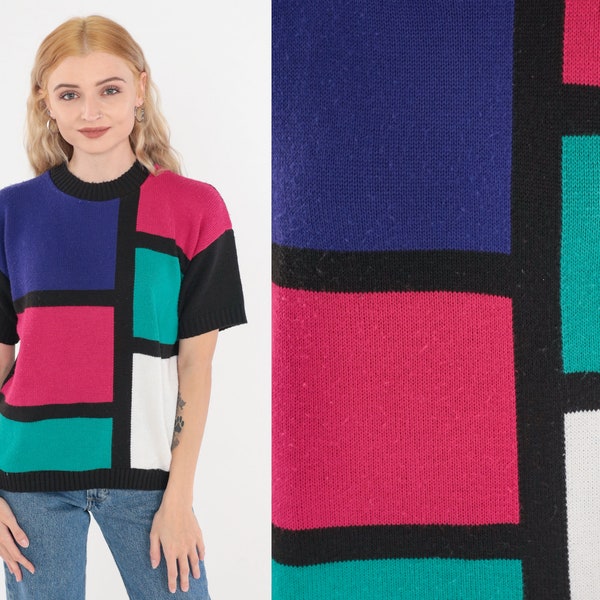 Color Block Top 80s Knit Shirt Short Sleeve Sweater Top Mondrian Square Print Blouse Black Pink Purple Green White Vintage 1980s Medium M