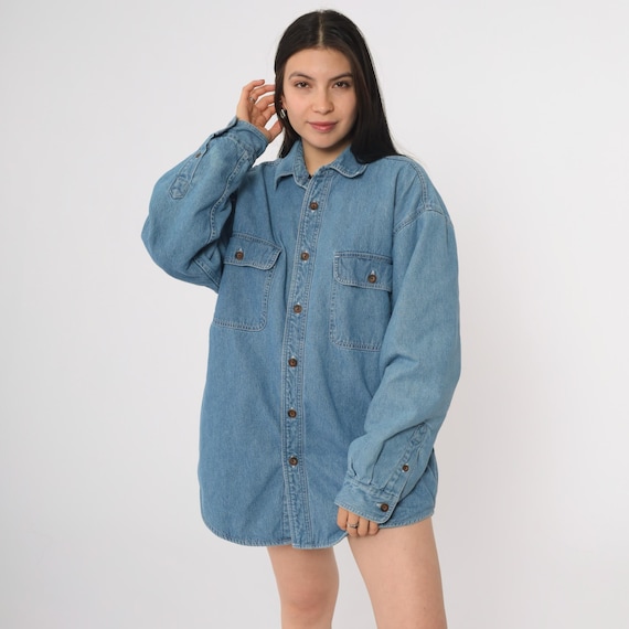 Flannel Lined Shirt Denim 90s Ivy Crew Explorer Light Blue Button Down Vintage Workwear Camping Outdoor Lumberjack Chore Jacket Medium M