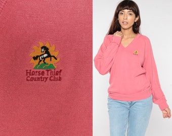 Rosa Pullover 90er Jahre Pferdedieb Country Club V-Ausschnitt Pullover Slouchy Y2K Stallion Springs California Knit Sweater Vintage Normcore Medium Large