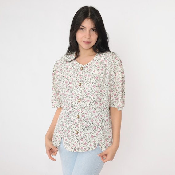 Vintage Floral Button Down Blouse 80s White Purple Rose Print Short Puff Sleeve Scalloped Edges Cottagecore 1980s Romantic Top Large 12