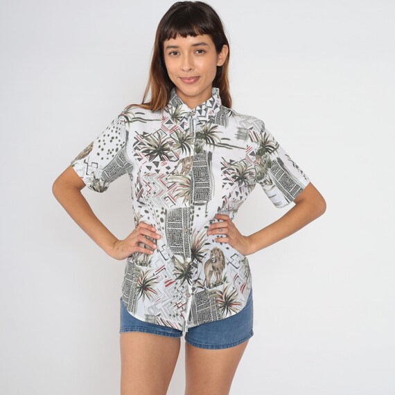 Safari Animal Shirt 90s Lion Tiger Zebra Shirt Giraffe Top Africa Print Jungle Blouse 1990s Geometric Button Up Short Sleeve White Medium