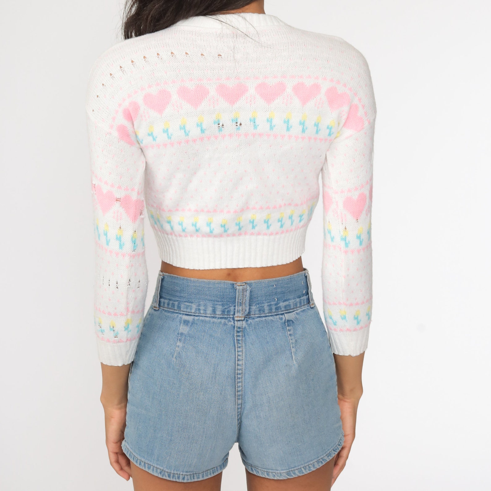 80s Heart Sweater White Pink Kawaii Sweater Fairy Kei Cropped | Etsy