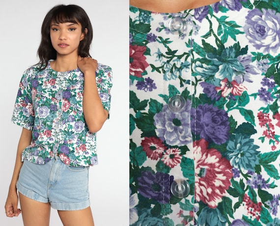 80s Floral Blouse 90s Short Sleeve Shirt Boho Grunge Shirt Button Up 80s Top Bohemian Vintage 1980s Short Sleeve Boho Large L