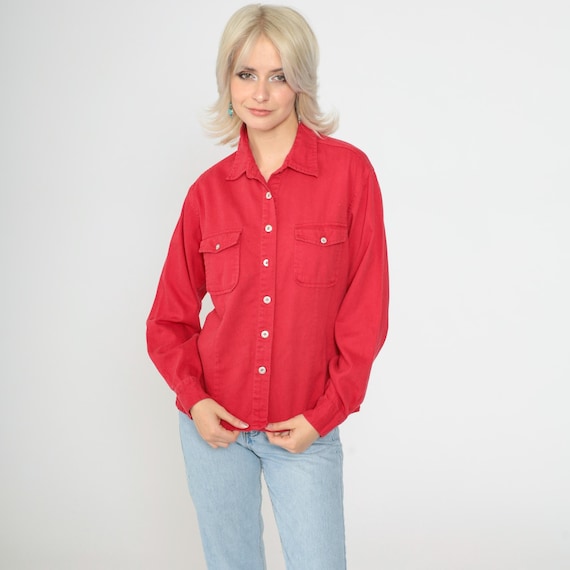 Vintage Red Button Up Blouse 90s Utility Shirt Grunge Long Sleeve Collared Shirt Chest Pocket Plain Retro 1990s Basic Faded Glory Medium