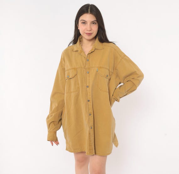 Mustard Levis Shirt 90s Cotton Button Front Work Wear Long Sleeve Camel Tan Gold Khaki Collared Shacket Utility Top Vintage Sand Large L