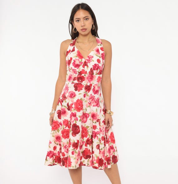 Y2K Rose Print Halter Dress Talbots Cotton Floral Surplice V Neck Sleeveless Fit Flare Red Pink Cream Summer Garden Party Sundress Medium M