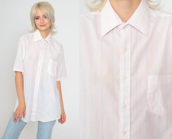90s Striped Shirt Baby Pink Collared Button Up Shirt Short Sleeve 1990s Pastel Blue Oxford Shirt Vintage Pocket Men's Medium 15 1/2