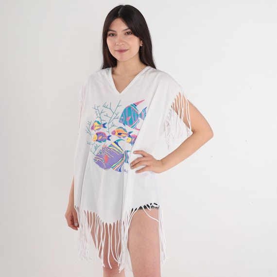 Tropical Fish Shirt 90s Mazatlan Mexican T-Shirt Fringe TShirt Ocean Diving Graphic Tee Tourist Boho White Vintage 1990s Small Medium Large