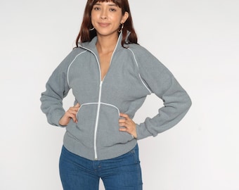 Graues Zip Up Sweatshirt 80er Jahre Kontrast Paspelierung Vintage Jaguar Langarm Weiße Zierleiste Grandpacore gemütlich weich lässige Kragenspur Small S