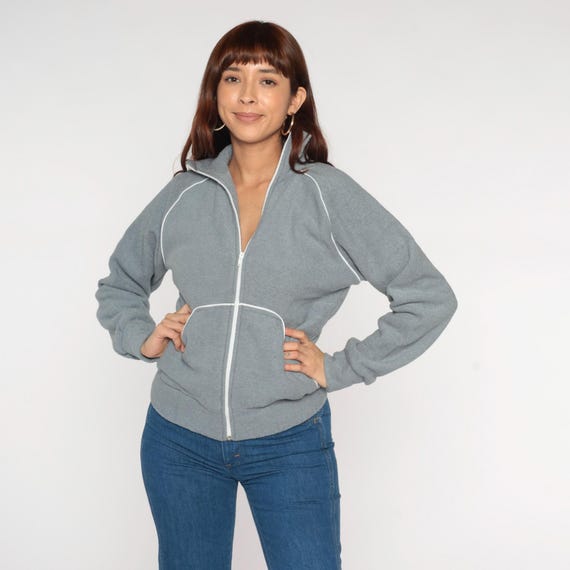 Gray Zip Up Sweatshirt 80s Contrast Piping Vintage Jaguar Long Sleeve White Trim Grandpacore Cozy Soft Casual Collar Track Small S