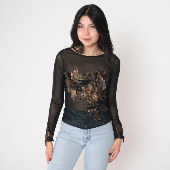 Metallic Leaf Top Y2K Black Mesh Shirt Sheer Long Sleeve Blouse Shiny Sparkly Glitter Rave Party Glam Going Out Boho Vintage 00s Small S