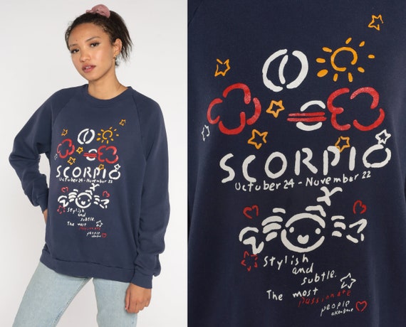 Scorpio Sweatshirt 90s Ken Done Astrology Sweatshirt Zodiac Scorpion Graphic Crewneck Raglan Sleeve Navy Blue Vintage 1990s Medium Large