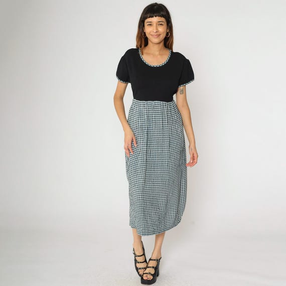Vintage Black Gingham Dress 90s Grunge Midi Empire Waist Black Blue Checkered Print Scoop Neck Short Sleeve Size 16 xl