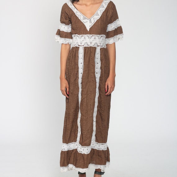 Mexican Maxi Dress Brown Bohemian 70s Mexican Wedding Crochet LACE Sheer BELL Sleeve Dress Pintuck Boho Hippie Vintage Extra Small xs