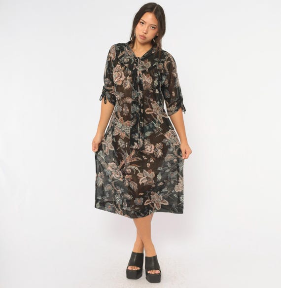 70s Sheer Floral Dress Black Pink Jacobean Print Tie Half Sleeve A Line Shift Gray Botanical Dark Cottagecore Lady Laura Vintage Large L