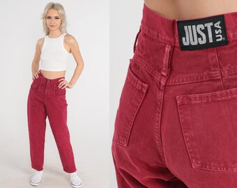 Petit jean taille haute en denim rouge limite des annees 90 26 po. Jean mom doux vintage a jambe fuselee Etsy France