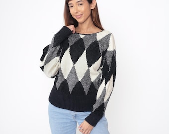 Pull diamant Liz Claiborne des années 80, noir blanc gris métallisé pull motif chevrons manches longues en tricot à motifs de losanges style preppy vintage moyen M