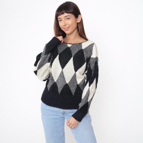 80s Diamond Sweater Liz Claiborne Black White Gray Metallic Pullover Chevron Pattern Long Sleeve Knit Vintage Argyle Preppy Style Medium M
