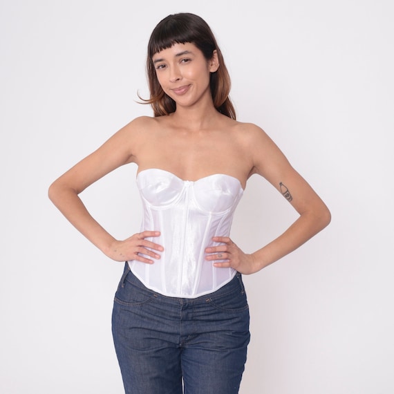 White Corset Top 34B 90s Bustier Fredericks of Hollywood Low Back Lingerie Bra Boned Strapless Underwire Vintage Sweetheart Neckline 34 B