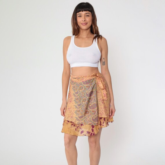 Vintage Reversible Wrap Skirt Y2K Orange Burgundy Abstract Paisley Floral Print Layered Mini Silk Look 00s Boho Festival Small Medium Large