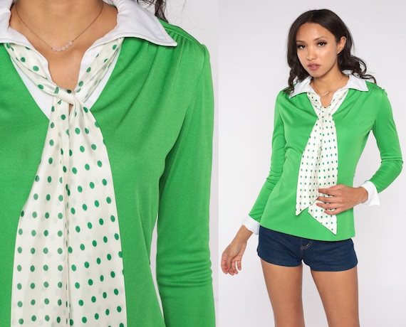 60s Necktie Blouse Green White Polka Dot Shirt Pussy Bow Neck Tie Top Long Sleeve Collared Retro Space Age Preppy Mod Vintage 1960s Small S