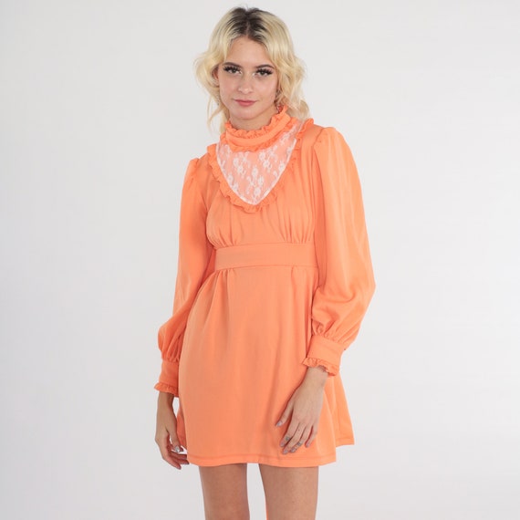 Mod Babydoll Dress Orange 70s Mini Lace BIB Puff Sleeve 60s Party Dolly Lolita Victorian Ruffle Bohemian Empire Waist Vintage Boho Small