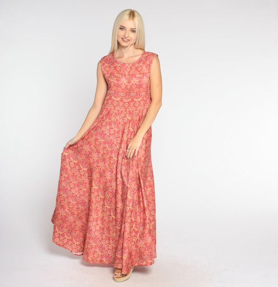 Vintage Red Floral Dress Y2k Maxi Party Dress Sleeveless Flared Skirt Gold Flower Print Bohemian Hippie Formal Glam Cocktail 00s Medium M