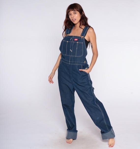 Dickies Denim Overalls 90s Dark Navy Blue Cotton Workwear Baggy Fit Adjustable Straps Gorpcore Vintage Dungarees Unisex Street Style Large L