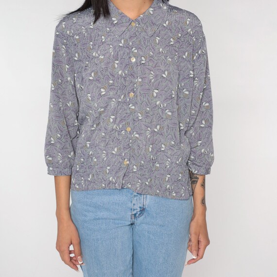 Leaf Print Blouse 90s Floral Button up Top Pleate… - image 8