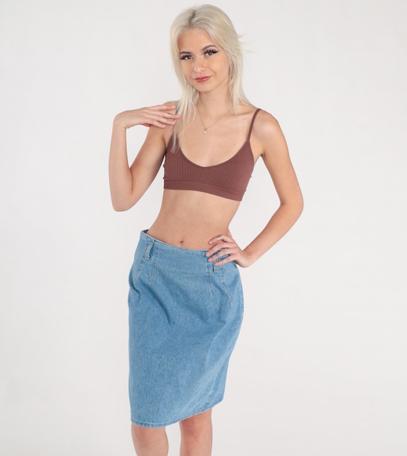 90s Jean Skirt Denim Knee Length Skirt Pencil Skirt Jeans 1990s High Waisted Wiggle Skirt Mini Retro Vintage Blue Medium